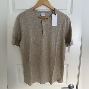 NWT Mango 100% Linen Henley Mens Medium Short Sleeve T Shirt Beige Slim MNG